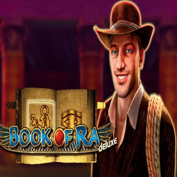 Book of Ra Deluxe slot logo by Novomatic at Scored Casino